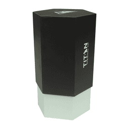 A drink bottle in a hexagonal design, featuring a black upper section and a white base, with a logo.