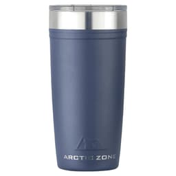 A drink bottle made of navy blue stainless steel with a silver lid and a logo.