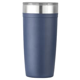 A drink bottle in navy blue with a stainless steel rim, featuring a logo on the side.
