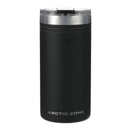 A drink bottle in matte black with a stainless steel lid, featuring a logo on the front.