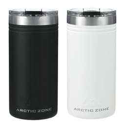 A drink bottle set featuring a black and a white Arctic Zone Titan Thermal HP Slim Cooler with a silver lid.