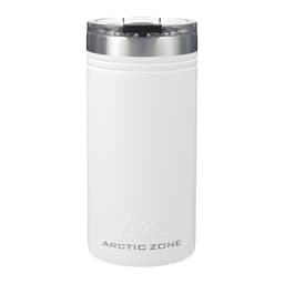A drink bottle in white, featuring a sleek design and a stainless steel lid. It includes a logo on the front.