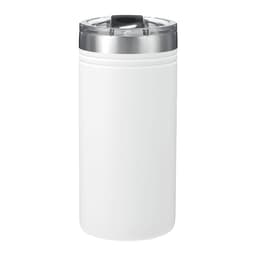 A drink bottle in white with a stainless steel lid, designed as a cool thermal holder for beverages.