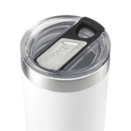A drink bottle in white with a clear lid and a stainless steel rim, featuring a branding logo on the lid.