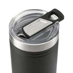 A drink bottle in black with a clear lid and a silver metal accent, featuring a logo on the lid.