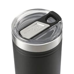 A drink bottle featuring a transparent lid and black body, with a silver band and a logo on the surface.