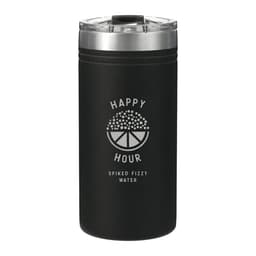 A drink bottle in matte black with a clear lid, featuring a logo and designed for beverage insulation.