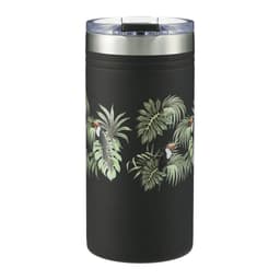A drink bottle in matte black featuring tropical leaves design, with a silver lid and a branding logo.