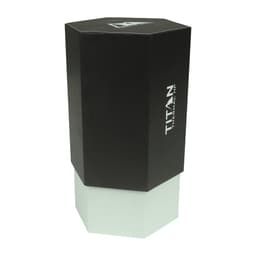 A drink bottle with a sleek black and white design, featuring a hexagonal shape and a logo.