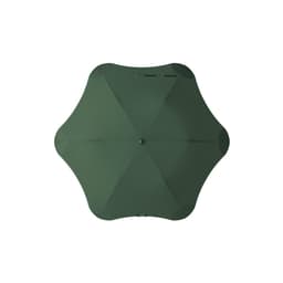 A green BLUNT Metro umbrella with a unique octagonal shape and a central button for opening and closing.