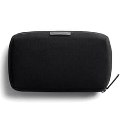A black tech kit bag with a textured surface and a zip closure, featuring a branding logo.