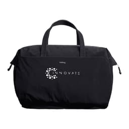 A black duffel bag with short handles and a branding logo on the front.