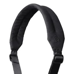 A padded black shoulder strap with an adjustable buckle and a logo at the top.