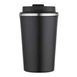 A drink bottle with a sleek black exterior and a silver rim, featuring a lid. Ideal for hot or cold beverages.