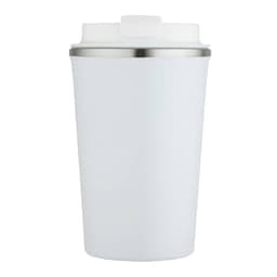 A drink bottle featuring a white exterior with a stainless steel lid and a logo. Double wall vacuum design.