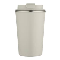 A drink bottle featuring a cream-coloured double wall design with a stainless steel rim and a lid. It has a logo.