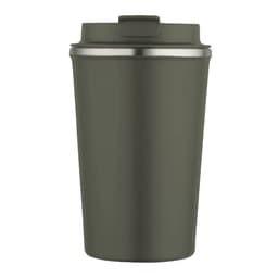 A drink bottle in a matte olive green colour with a stainless steel lid and a logo.