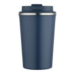 A drink bottle in dark blue with a stainless steel rim and a lid, featuring a logo.