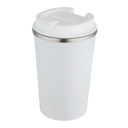 A drink bottle featuring a double wall vacuum design in white with a stainless steel accent and a lid.