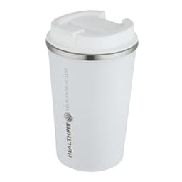 A drink bottle with a double wall design, featuring a white exterior, stainless steel rim, and a lid. Includes a logo.