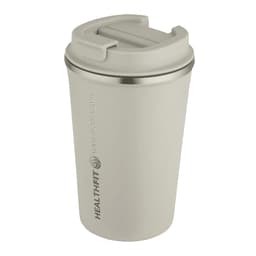 A drink bottle with a double wall, vacuum insulated design, featuring a cream colour and a lid, includes a logo.