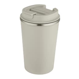 A drink bottle in a light grey colour with a stainless steel base and a secure lid. It features a logo.
