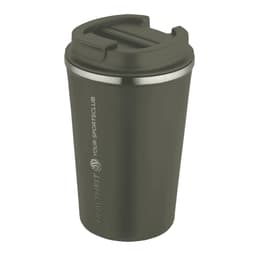 A drink bottle in dark green with a double wall vacuum design, featuring a lid and a logo.