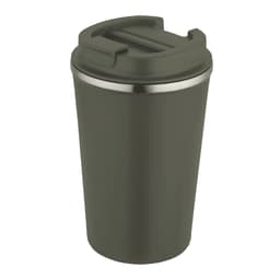 A drink bottle with a double wall vacuum design, featuring an olive green exterior and a stainless steel rim.
