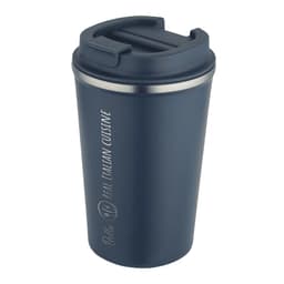 A drink bottle in navy blue with a stainless steel rim and a lid, featuring a logo design.