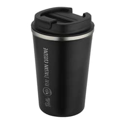 A drink bottle in matte black with a stainless steel lid and a logo on the side. It has a double wall vacuum design.