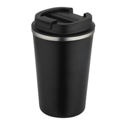 A drink bottle with a double-wall design, featuring a black exterior and a silver band around the top. It has a lid and a logo.