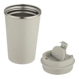 A drink bottle in a light grey colour with a removable lid and stainless steel rim. It features a logo.