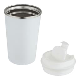 A drink bottle in white, featuring a double wall vacuum design and a removable lid. It includes a logo.