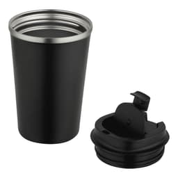 A drink bottle featuring a black double wall vacuum tumbler with a silver rim and a separate black lid.