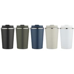 A drink bottle collection featuring five double wall vacuum tumblers in black, olive green, navy, beige, and white, each with a lid.