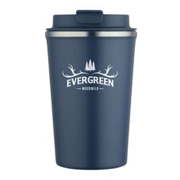A drink bottle featuring a navy exterior and a stainless steel rim, with a logo on the front.