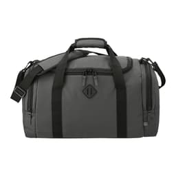 A grey duffel bag made from Repreve recycled material, featuring a shoulder strap and front zipper pockets, with a logo.