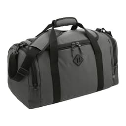 A dark grey duffel bag made from Repreve recycled material, featuring sturdy handles and a shoulder strap.