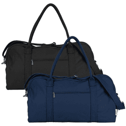 A recycled canvas duffel bag in black and navy, featuring carrying handles and external zip pockets.