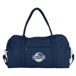 A navy duffel bag with a logo, featuring two handles and a detachable shoulder strap.