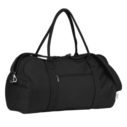 A black duffel bag with a zippered pocket, sturdy handles, and a logo. Ideal for travel or gym use.