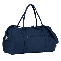 A navy blue duffle bag with a zippered main compartment and sturdy handles, featuring a small front pocket and branding.