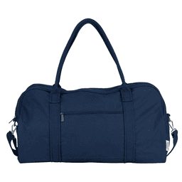 A navy blue duffel bag with dual handles, adjustable shoulder strap, and a front zipper pocket. It features a logo.