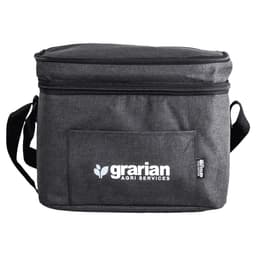 A grey insulated cooler bag with a zip closure and a shoulder strap, featuring a logo on the front.