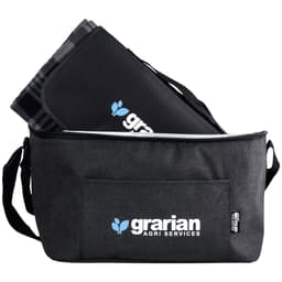 A dark grey outdoor pack with a black mat inside, featuring a logo on the side.