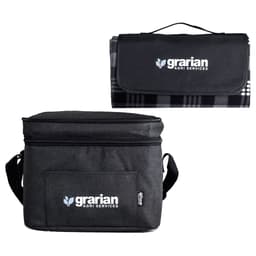 A black insulated cooler bag with a matching picnic blanket, featuring a logo on the front.