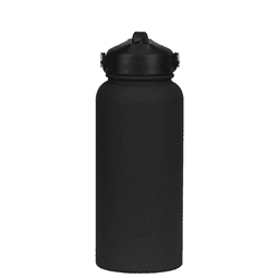 A black drink bottle with a screw-on lid and a matte finish, featuring a logo on the side.