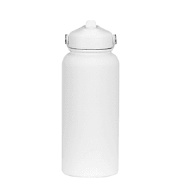A white drink bottle with a screw-top lid and silver accents. It features a simple design and has a logo.