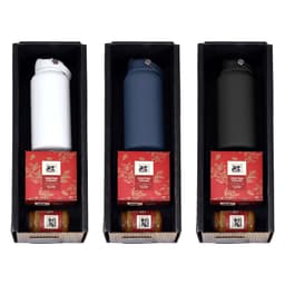 A drink bottle set featuring a white, navy, and black bottle, along with jars, presented in a decorative box.