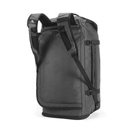 A grey duffel backpack with adjustable straps and buckles, featuring a logo.